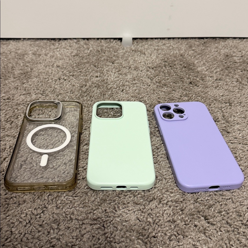 Set of 3 iPhone 15 Pro Max Cases in Purple, Mint, and Clear